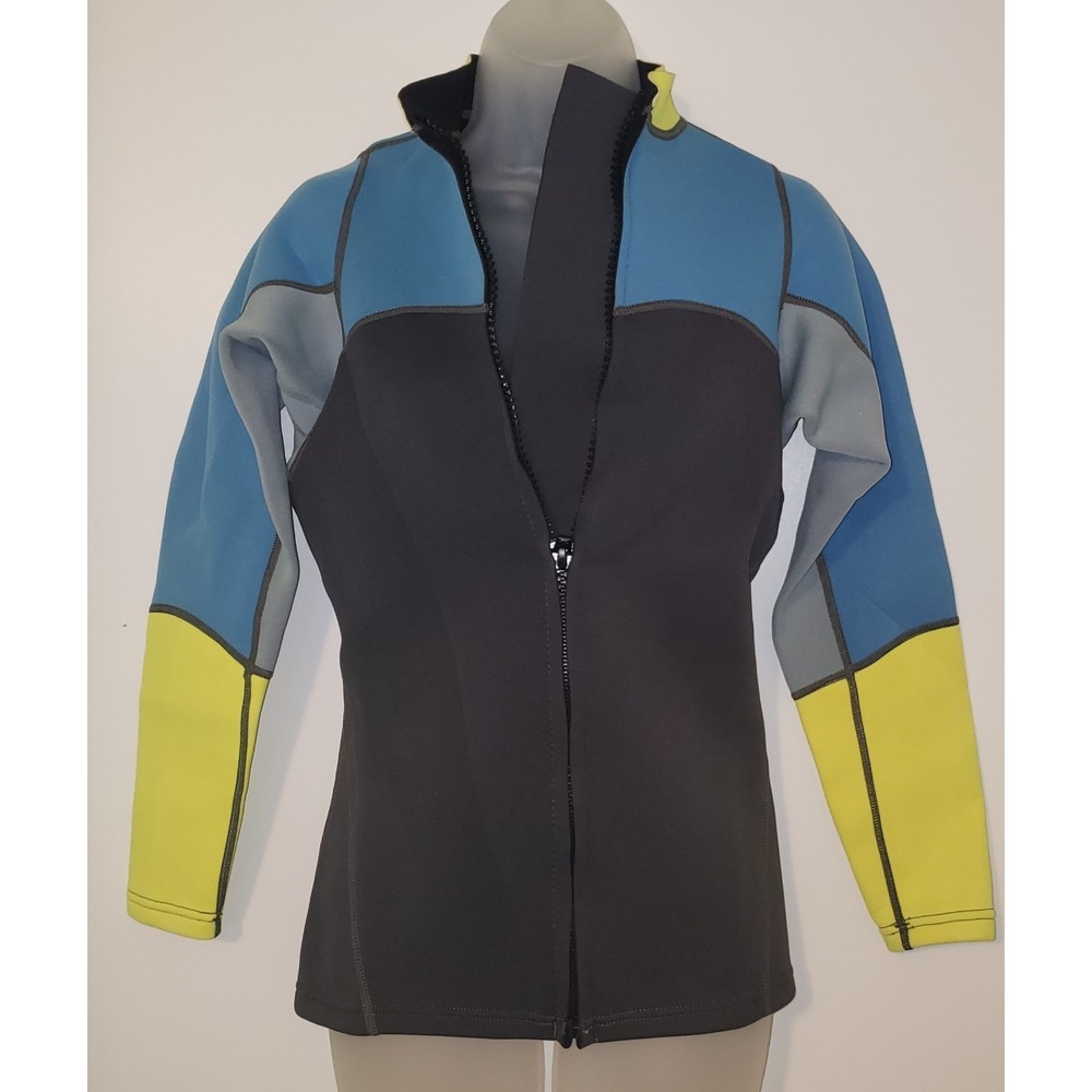 Neoprene Wet Suit Jacket Full Zip Mock Neck Collar Size 12 Blue/Yellow/ Black - Picture 3 of 12